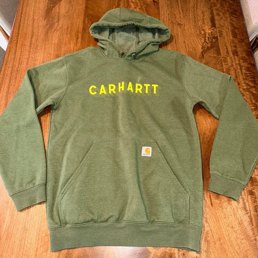 Carhartt Rain Defender Loose Fit Hoodie Men’s Small Olive Green Yellow Logo